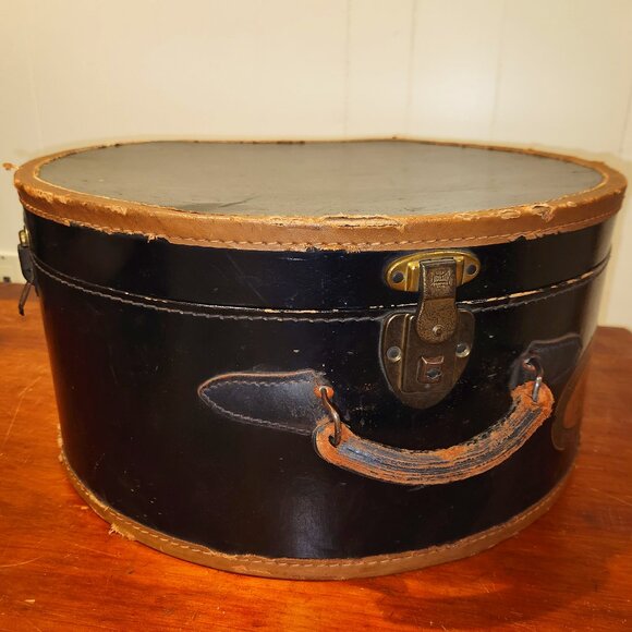 Vintage Lined Hat Box Train Case Leather Trim **AS IS** - Picture 1 of 16